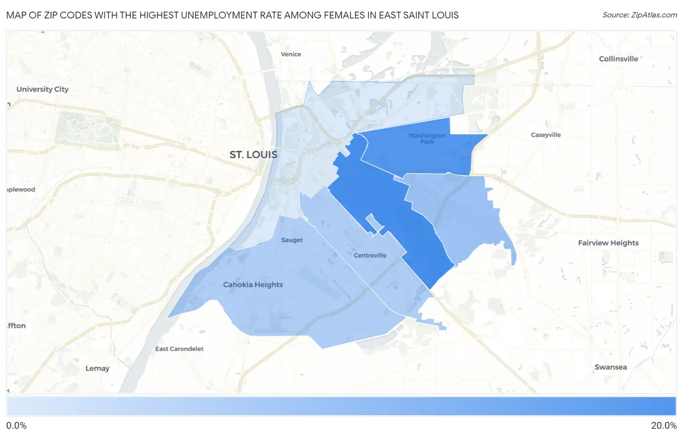 Zip Codes with the Highest Unemployment Rate Among Females in East Saint Louis Map