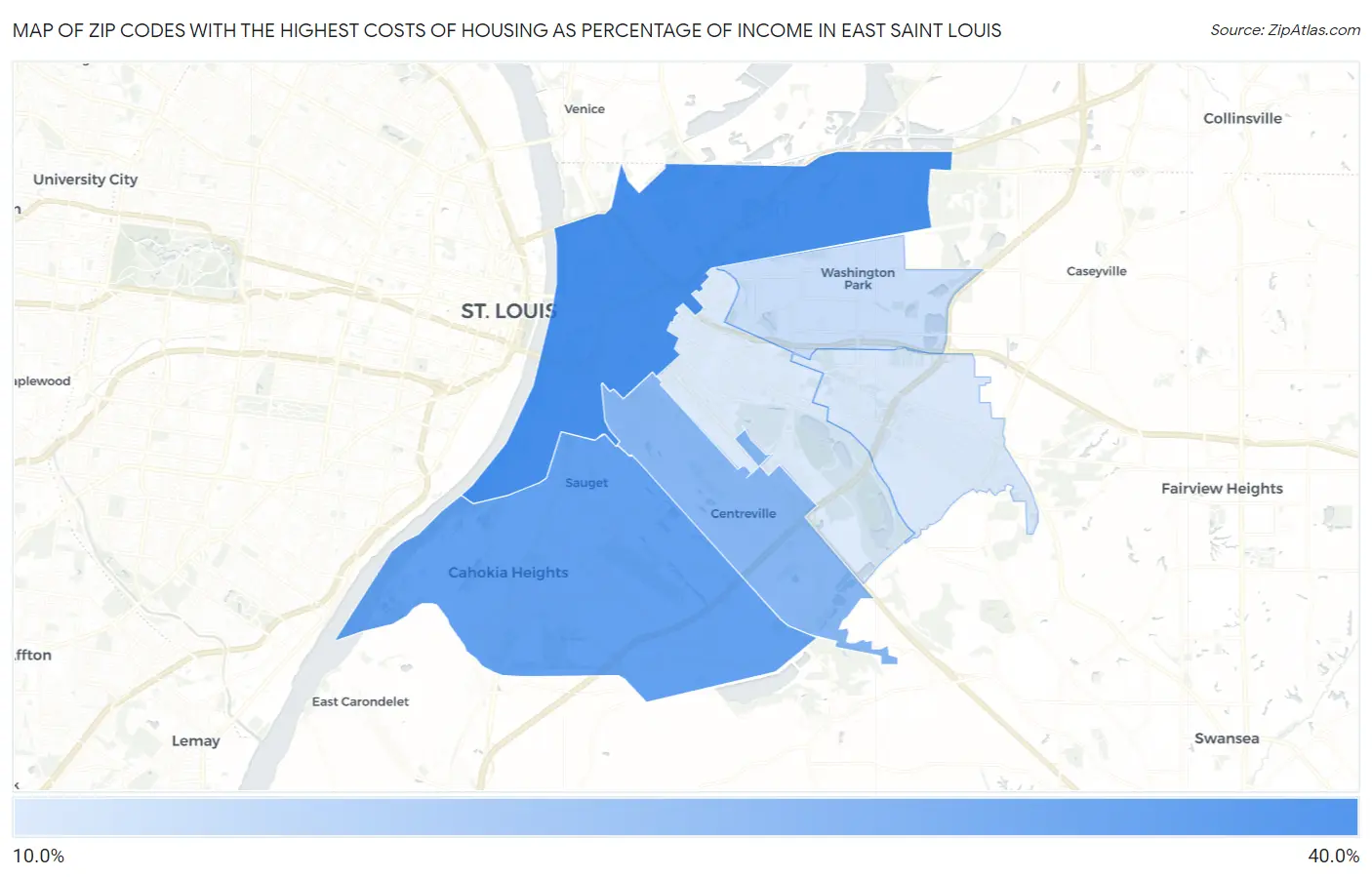 Zip Codes with the Highest Costs of Housing as Percentage of Income in East Saint Louis Map