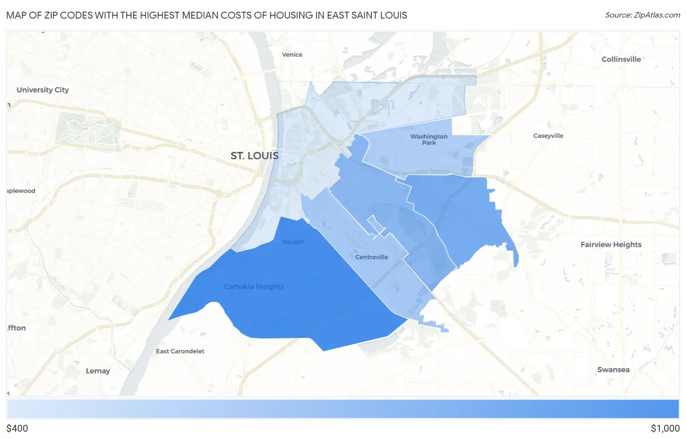 Zip Codes with the Highest Median Costs of Housing in East Saint Louis Map