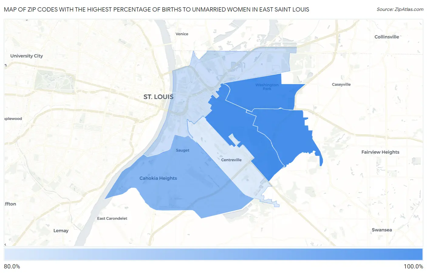 Zip Codes with the Highest Percentage of Births to Unmarried Women in East Saint Louis Map