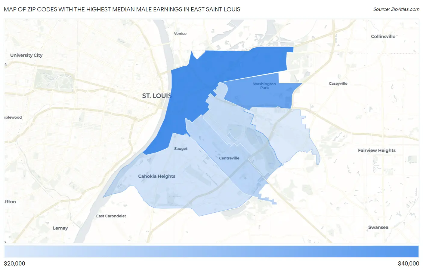 Zip Codes with the Highest Median Male Earnings in East Saint Louis Map
