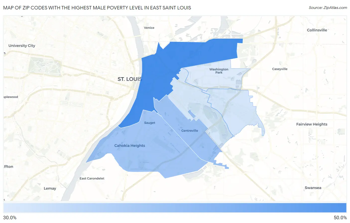 Zip Codes with the Highest Male Poverty Level in East Saint Louis Map