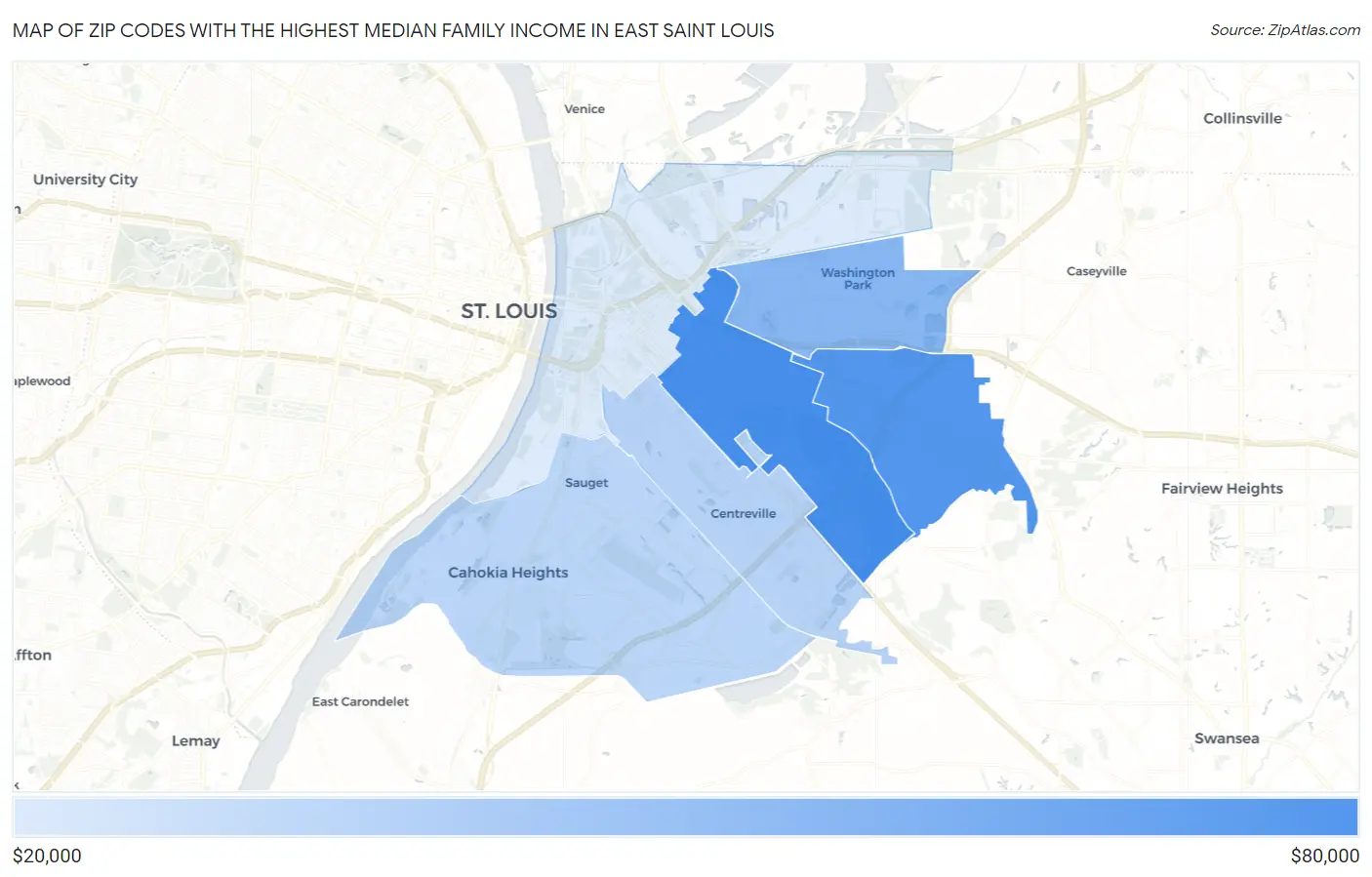 Zip Codes with the Highest Median Family Income in East Saint Louis Map