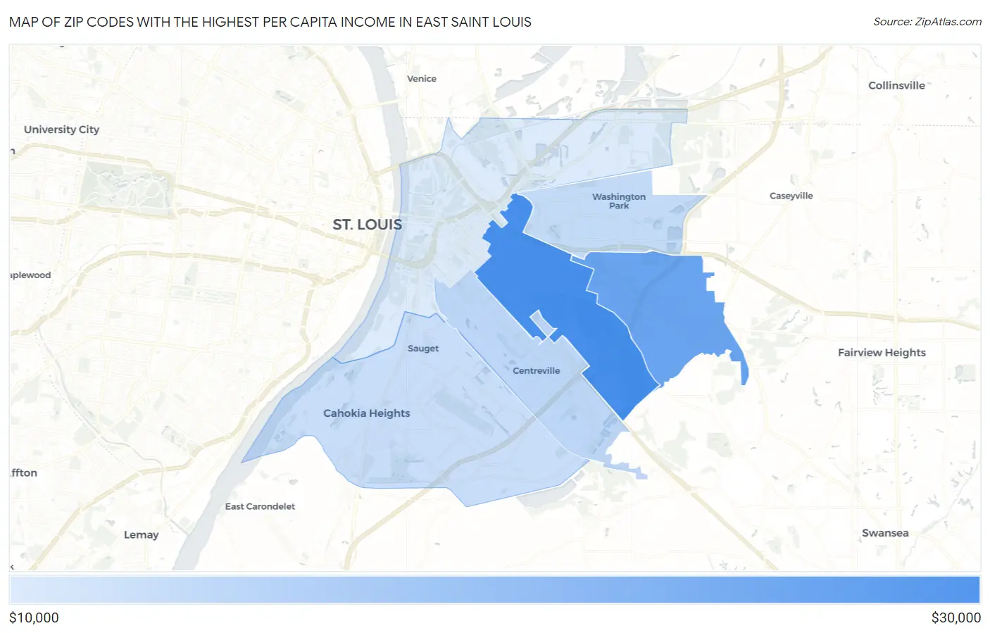 Zip Codes with the Highest Per Capita Income in East Saint Louis Map