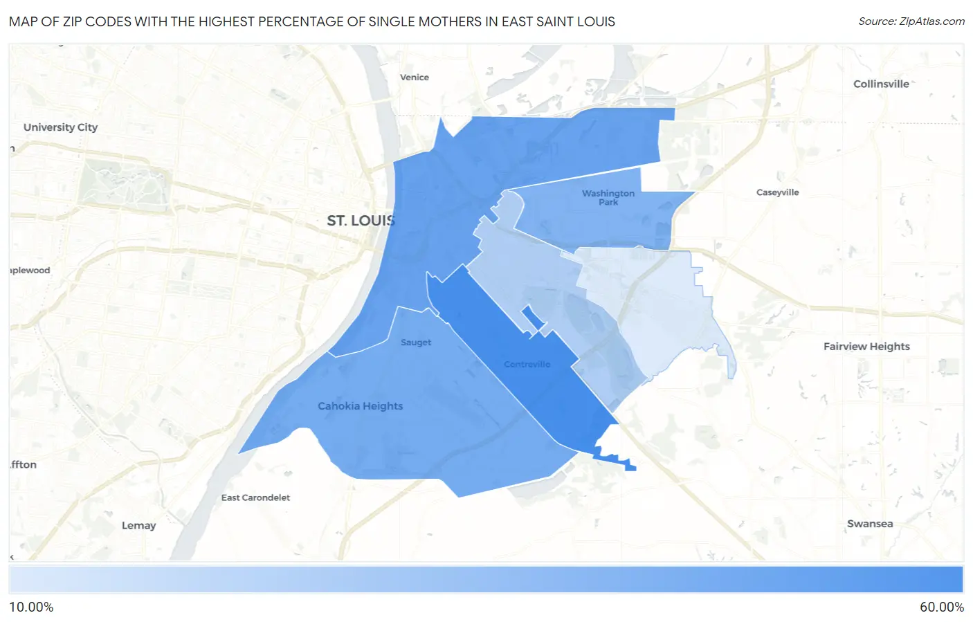 Zip Codes with the Highest Percentage of Single Mothers in East Saint Louis Map