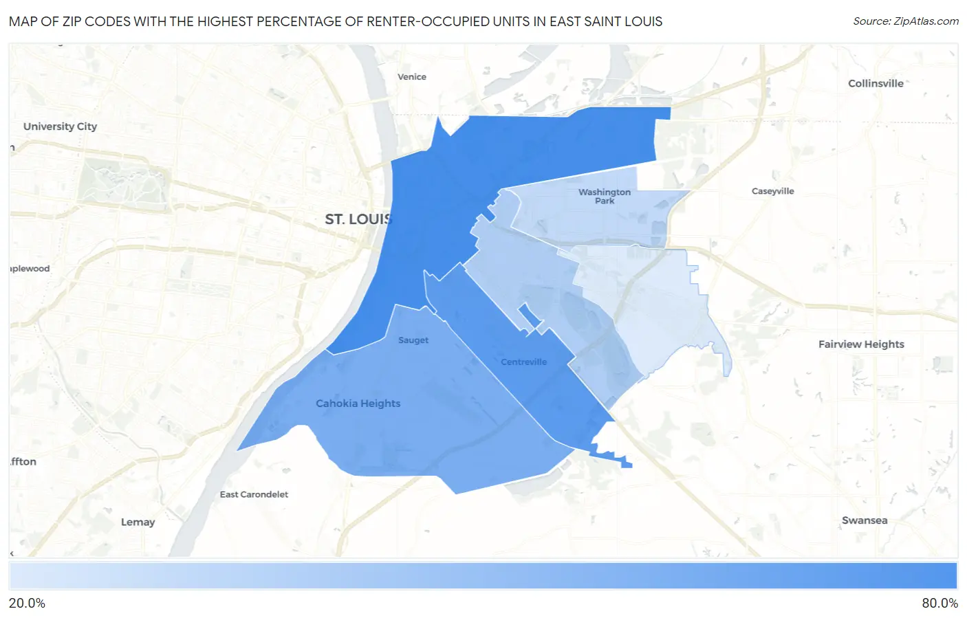 Zip Codes with the Highest Percentage of Renter-Occupied Units in East Saint Louis Map