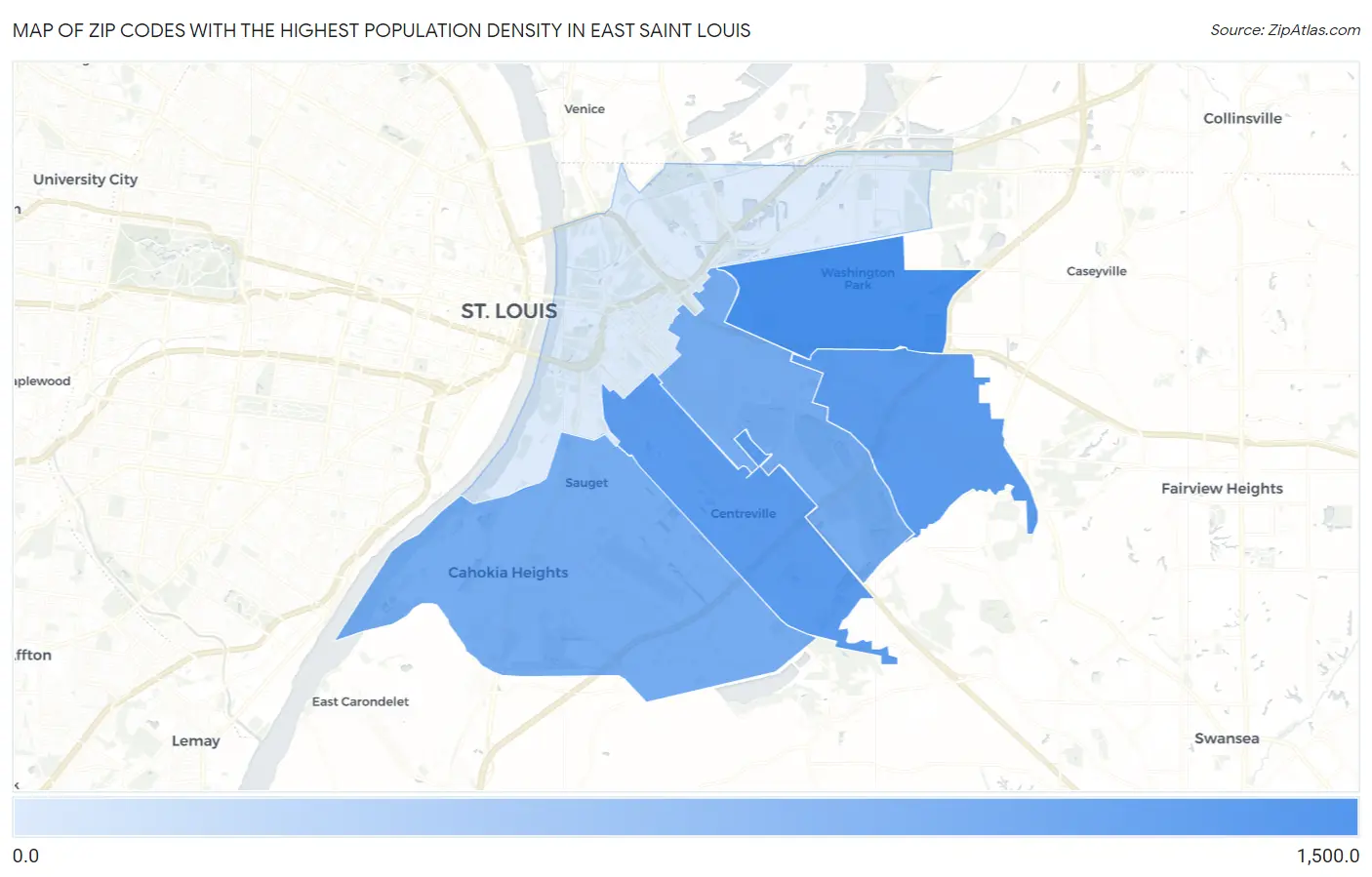 Zip Codes with the Highest Population Density in East Saint Louis Map