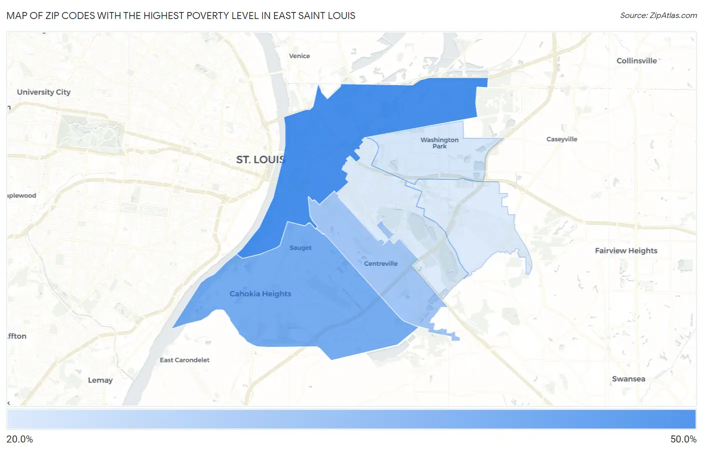 Zip Codes with the Highest Poverty Level in East Saint Louis Map