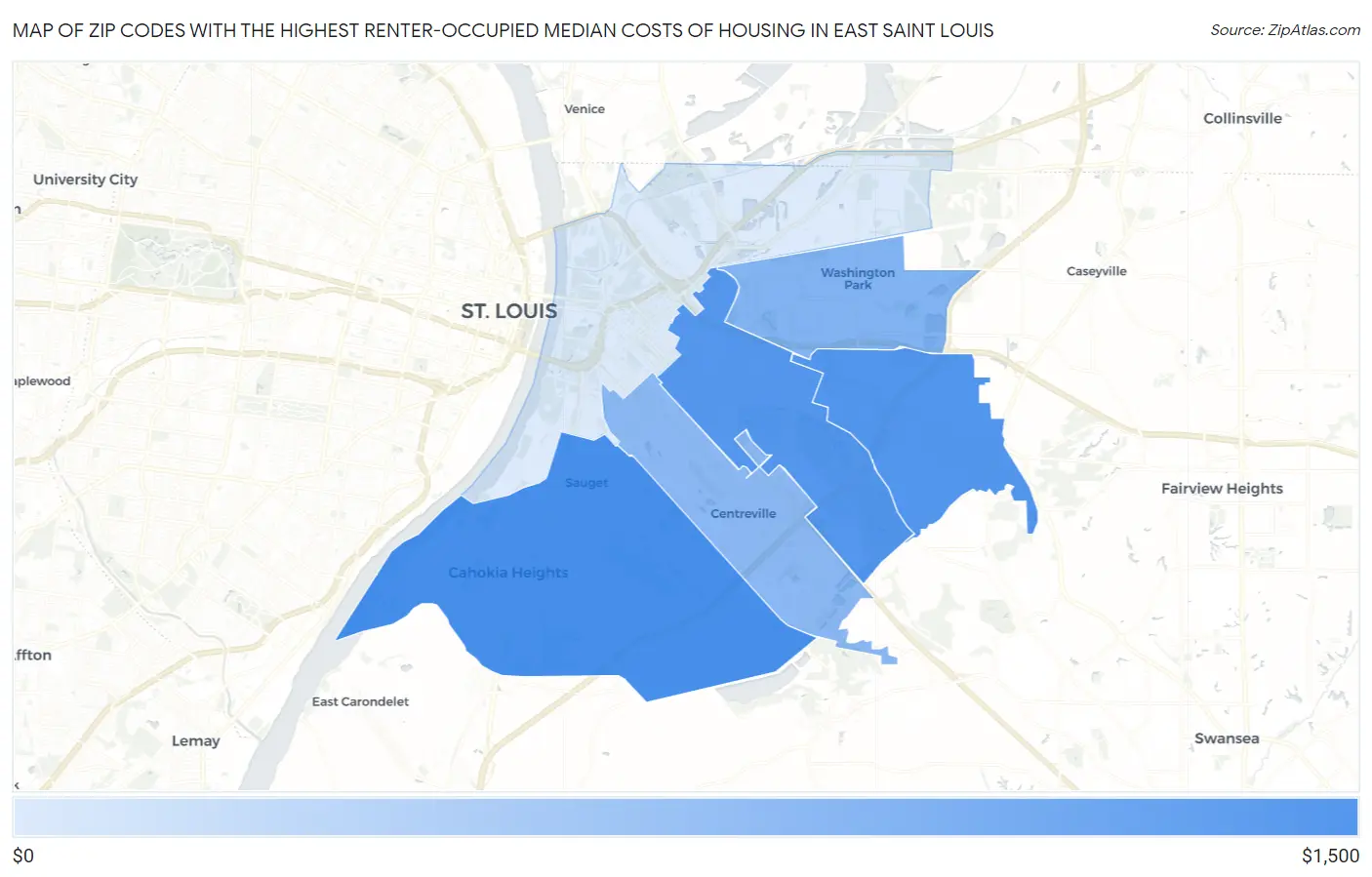 Zip Codes with the Highest Renter-Occupied Median Costs of Housing in East Saint Louis Map