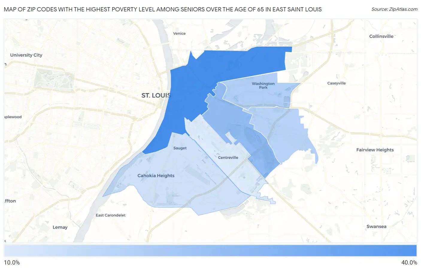 Zip Codes with the Highest Poverty Level Among Seniors Over the Age of 65 in East Saint Louis Map