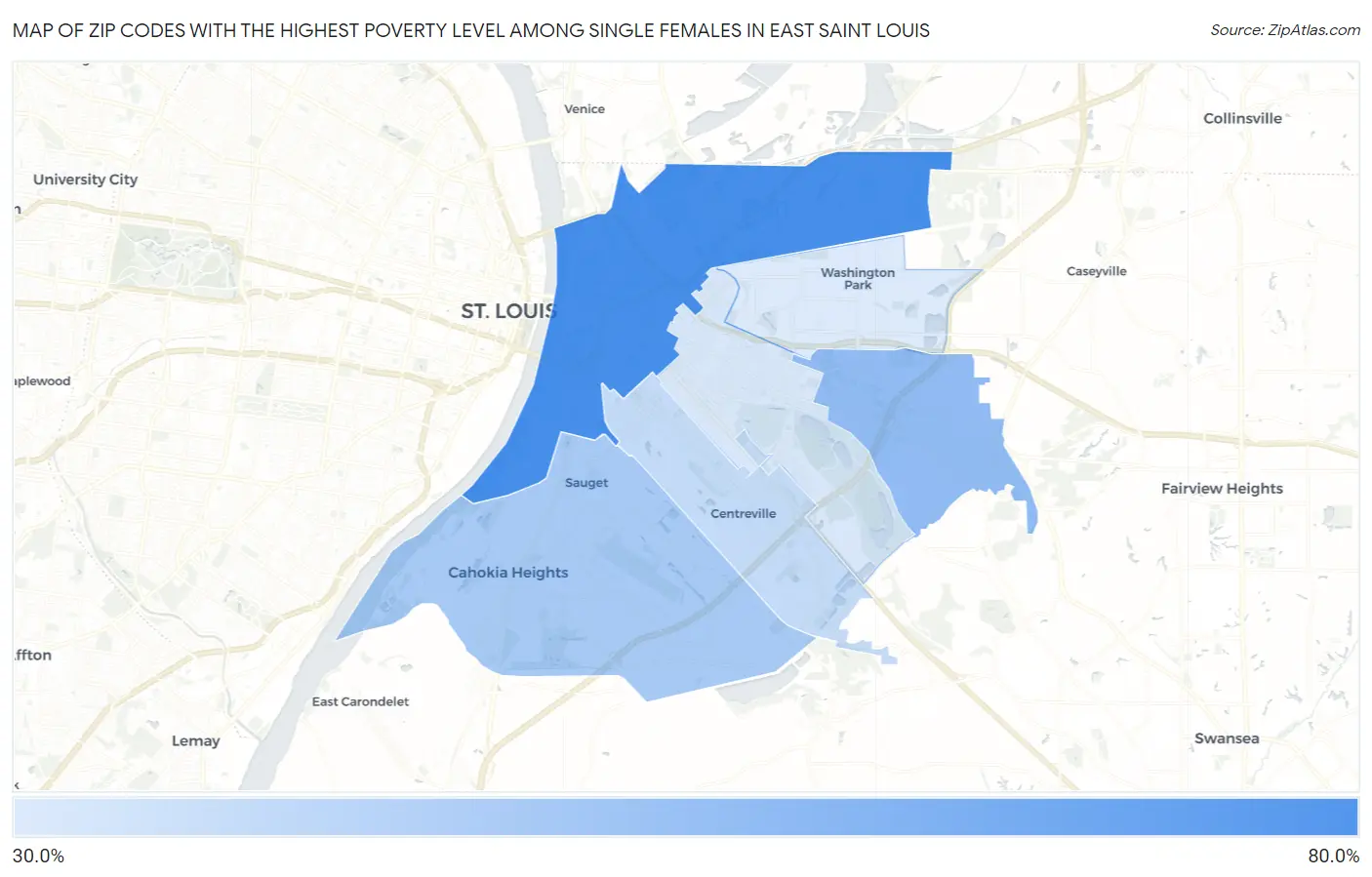 Zip Codes with the Highest Poverty Level Among Single Females in East Saint Louis Map