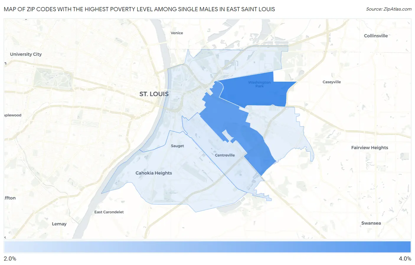 Zip Codes with the Highest Poverty Level Among Single Males in East Saint Louis Map