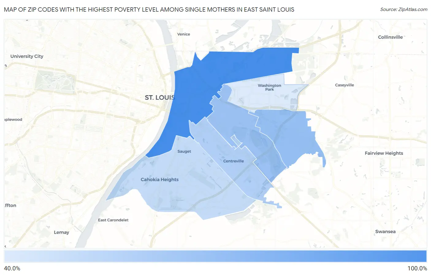 Zip Codes with the Highest Poverty Level Among Single Mothers in East Saint Louis Map