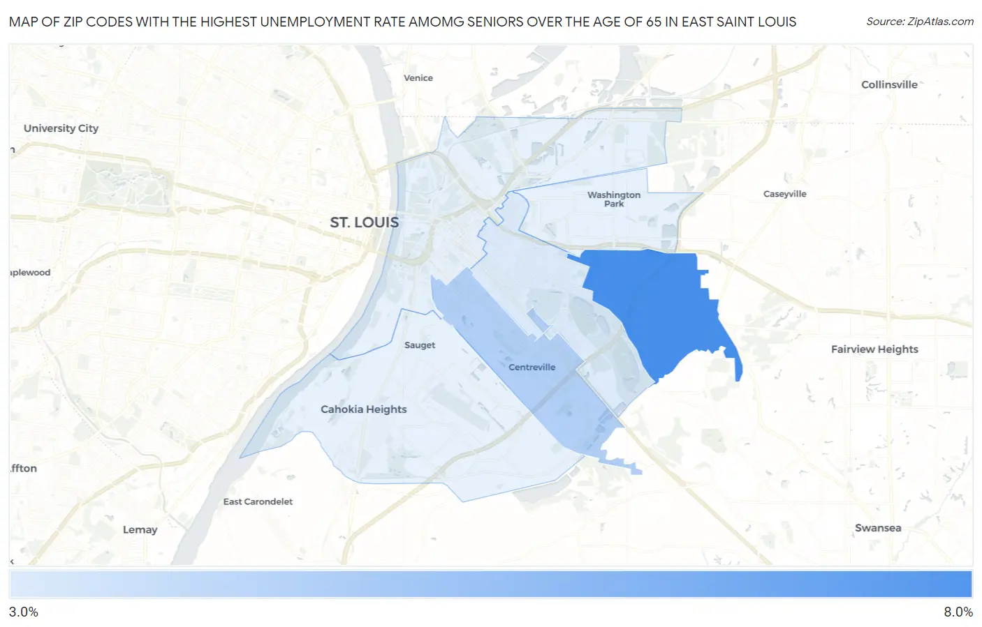 Zip Codes with the Highest Unemployment Rate Amomg Seniors Over the Age of 65 in East Saint Louis Map