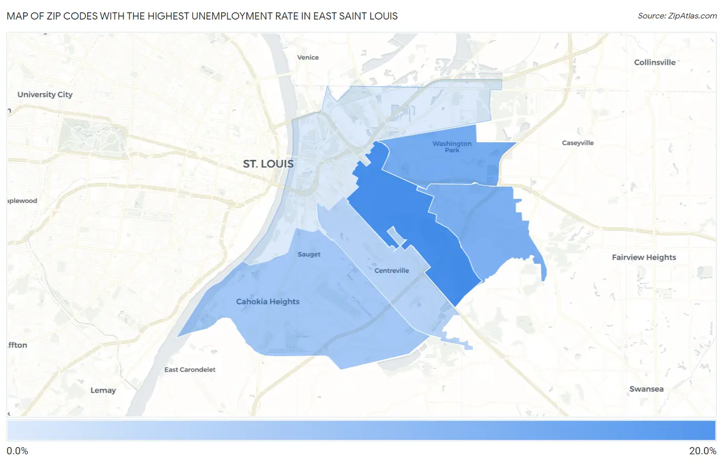 Zip Codes with the Highest Unemployment Rate in East Saint Louis Map