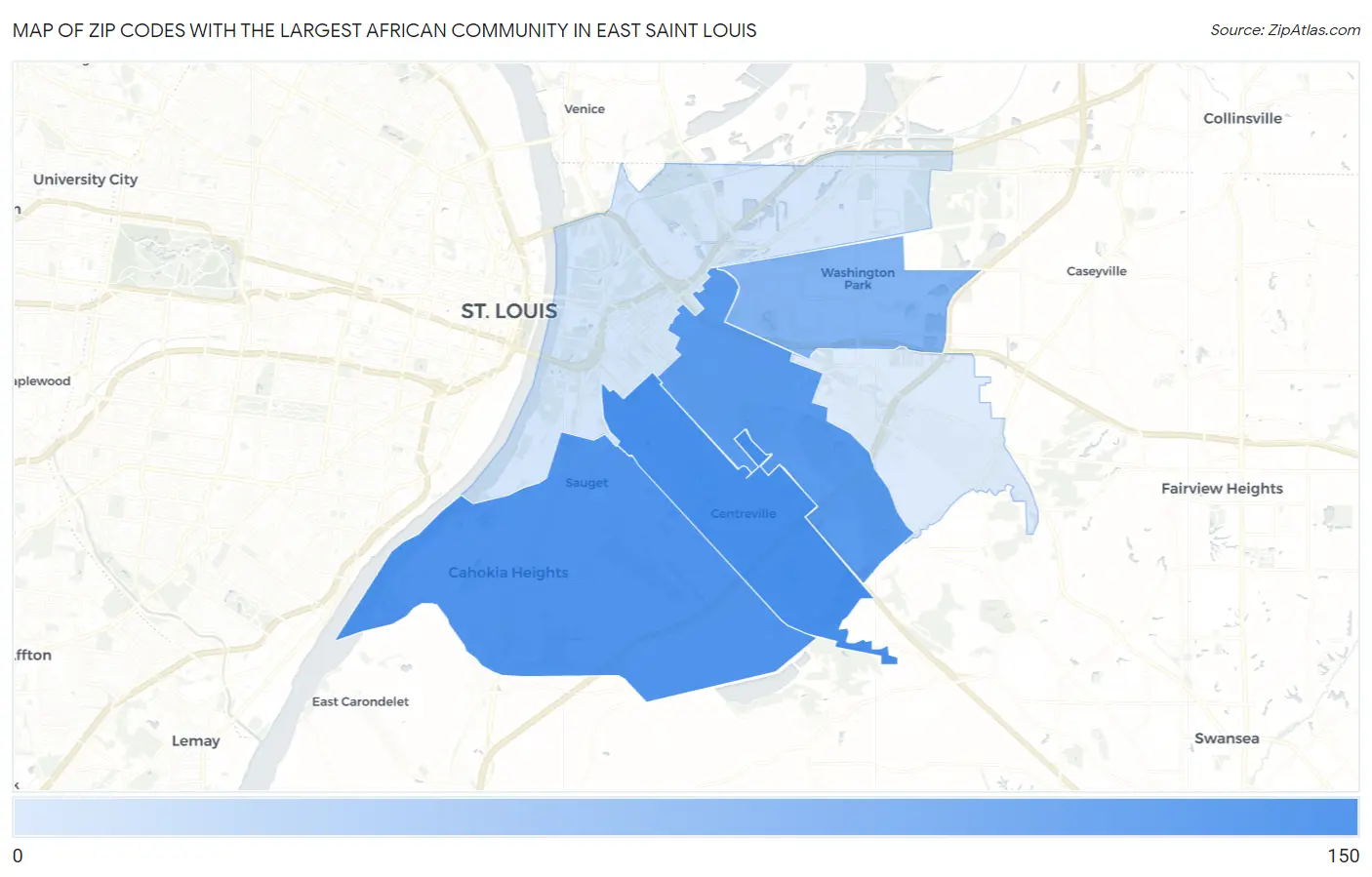 Zip Codes with the Largest African Community in East Saint Louis Map