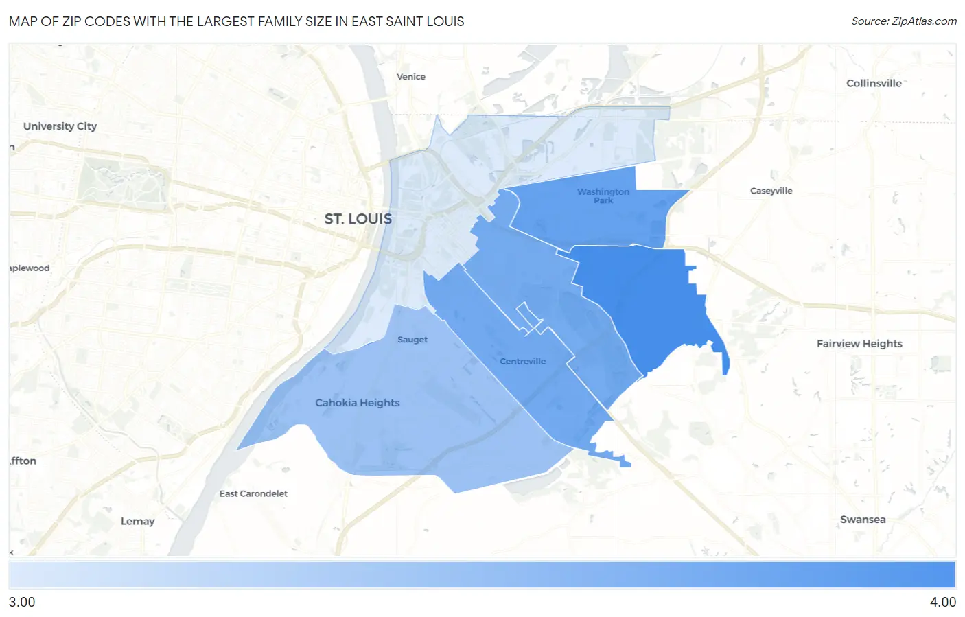 Zip Codes with the Largest Family Size in East Saint Louis Map