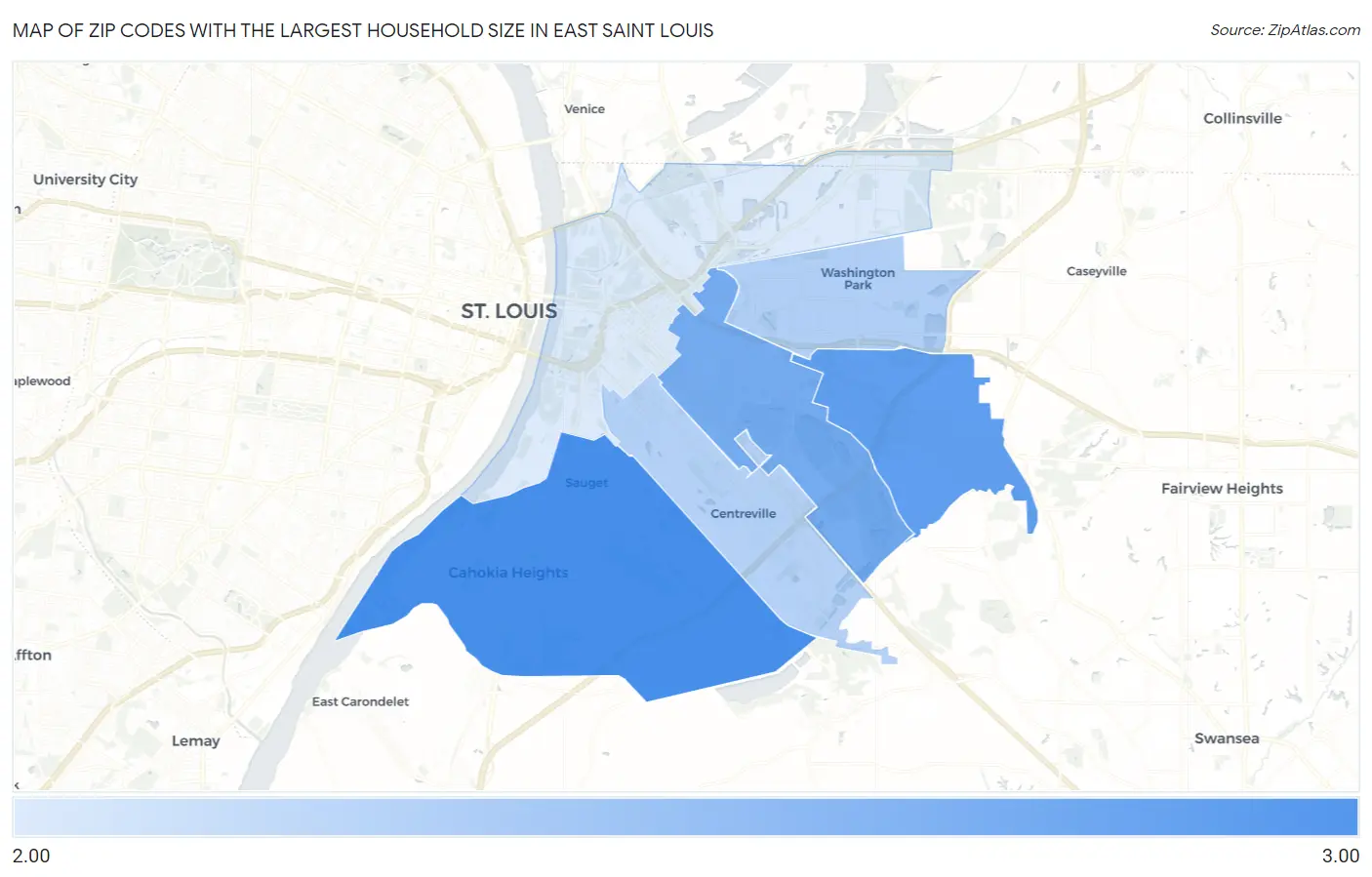 Zip Codes with the Largest Household Size in East Saint Louis Map