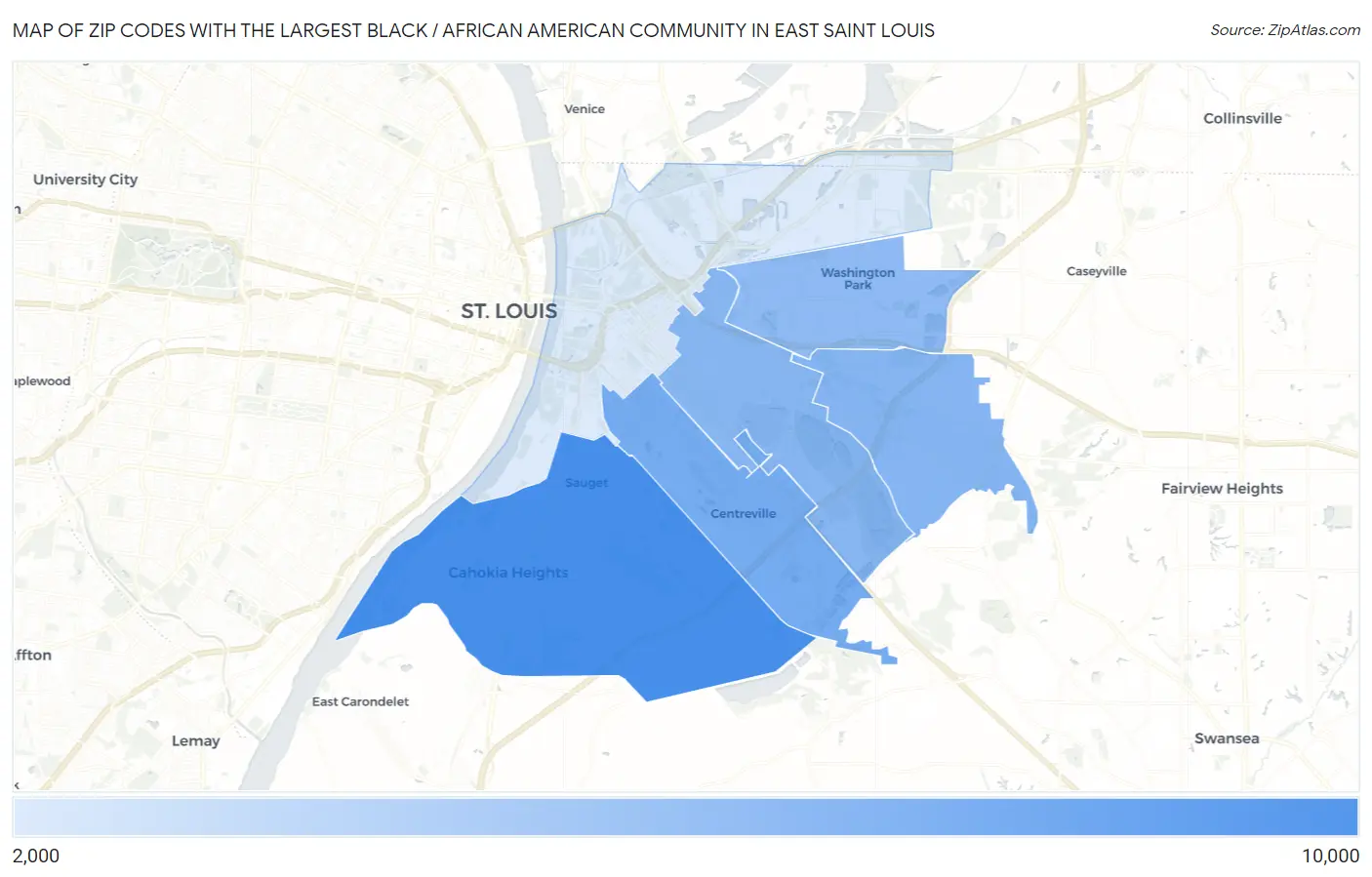 Zip Codes with the Largest Black / African American Community in East Saint Louis Map