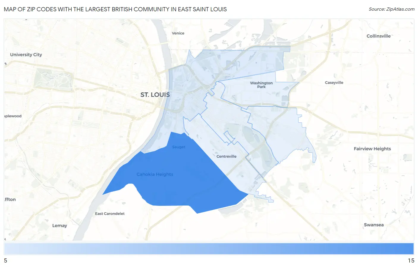 Zip Codes with the Largest British Community in East Saint Louis Map