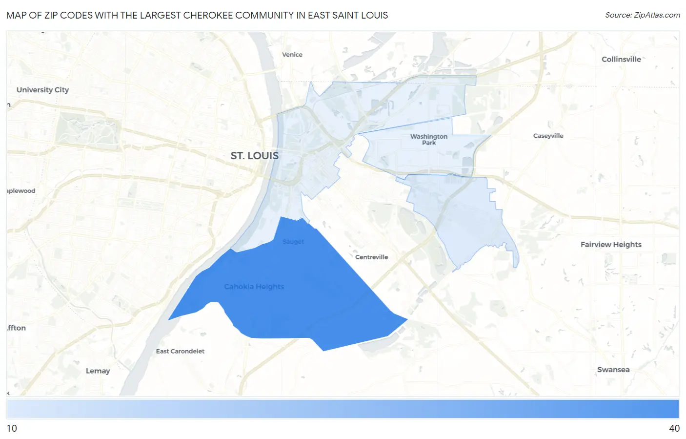Zip Codes with the Largest Cherokee Community in East Saint Louis Map