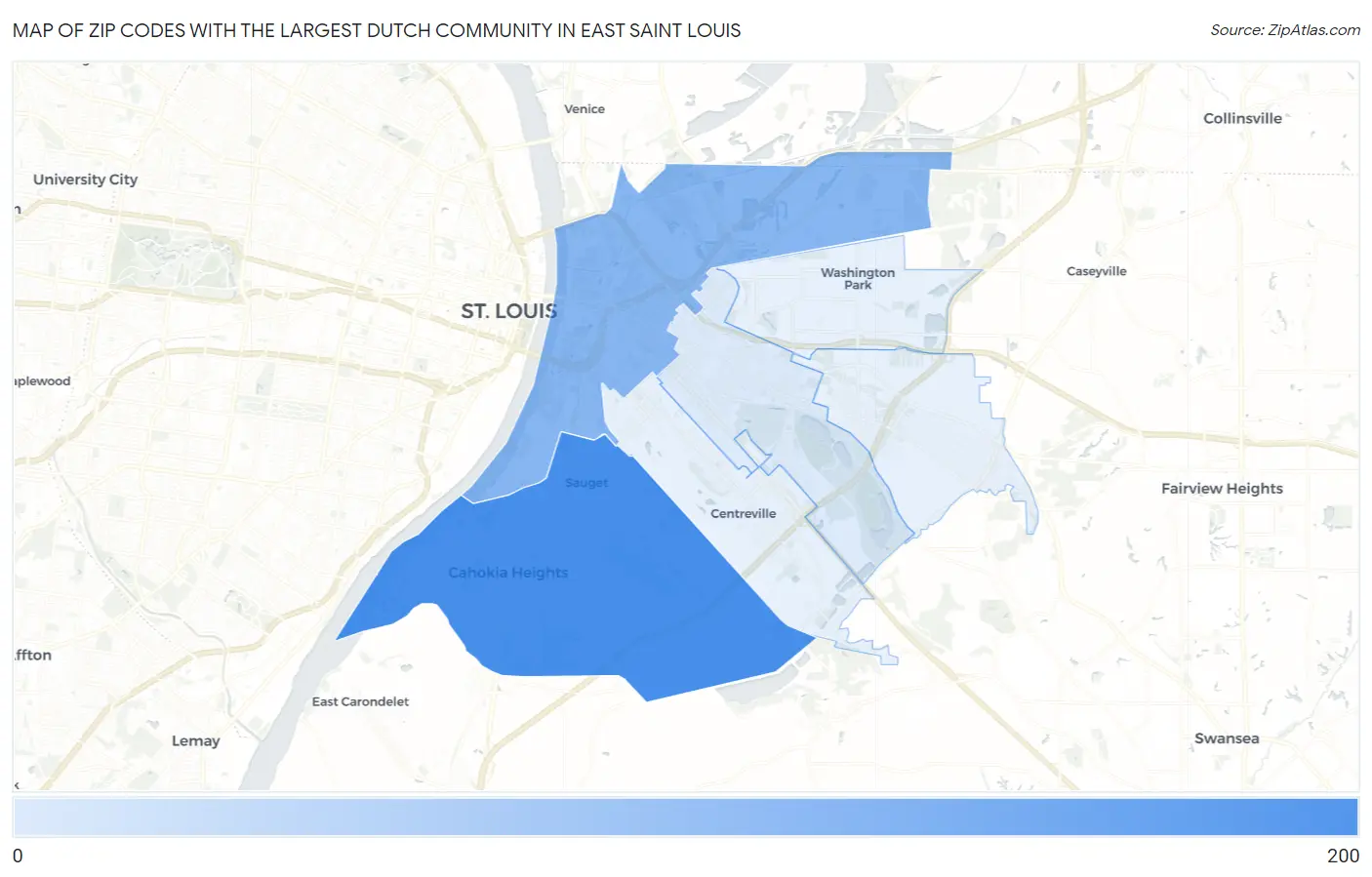 Zip Codes with the Largest Dutch Community in East Saint Louis Map