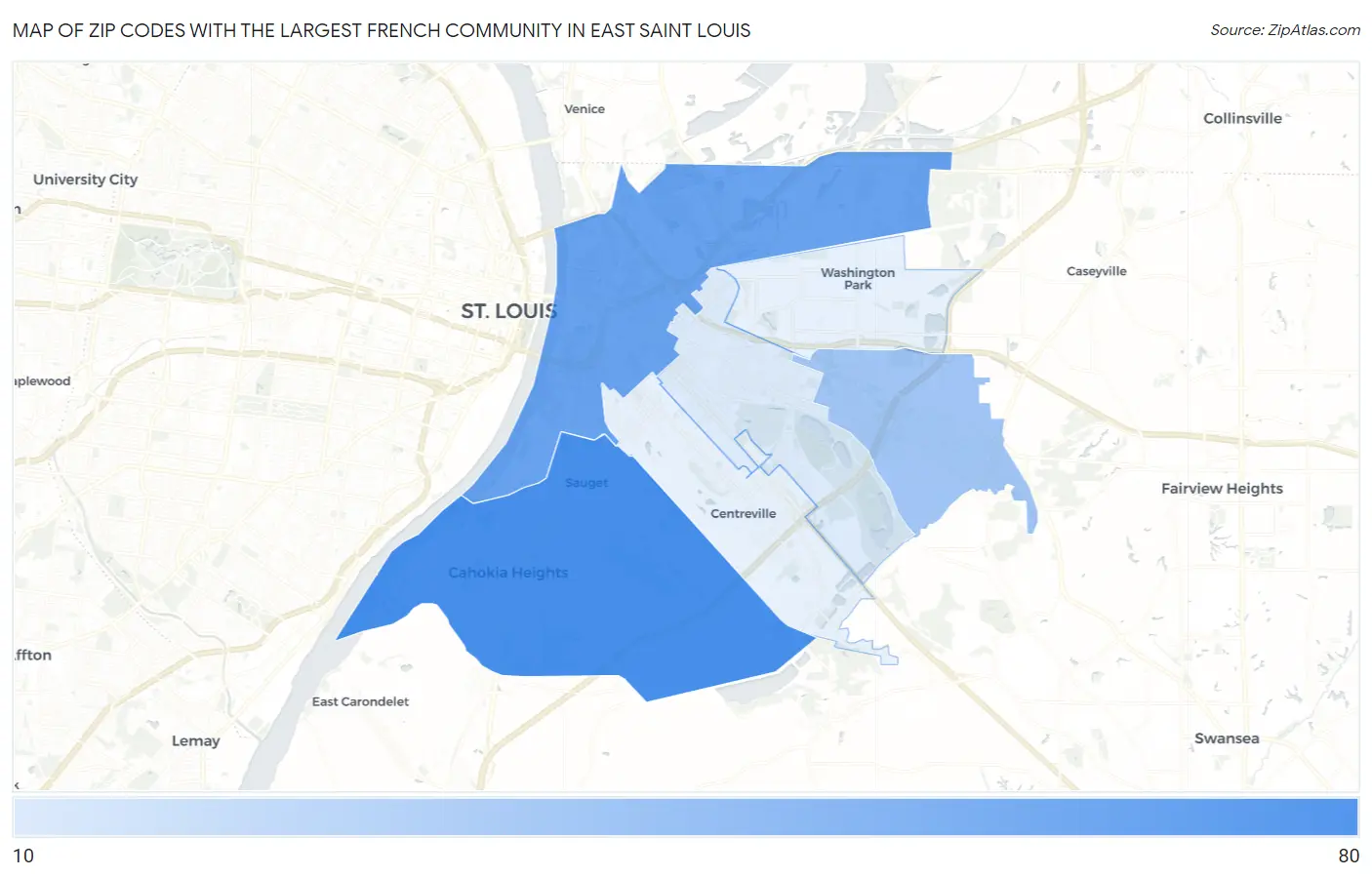 Zip Codes with the Largest French Community in East Saint Louis Map