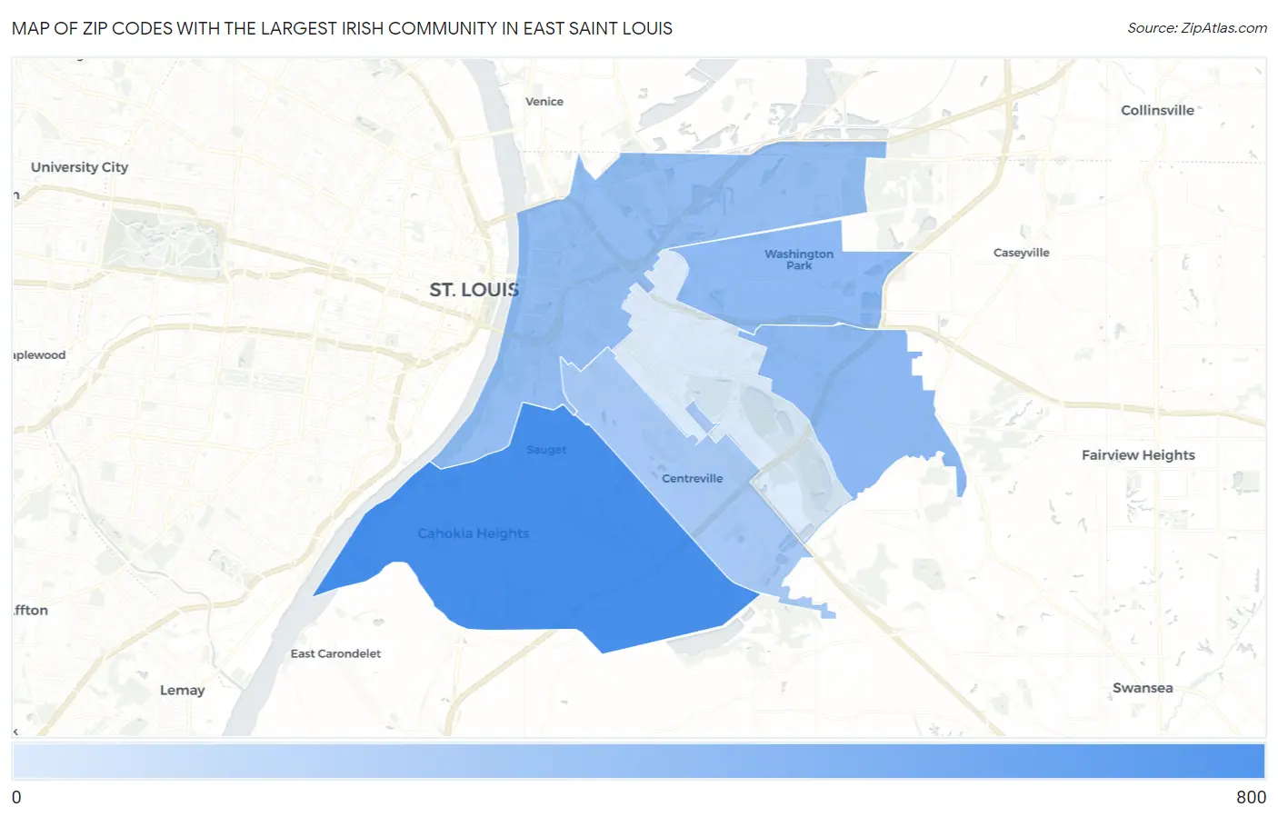Zip Codes with the Largest Irish Community in East Saint Louis Map