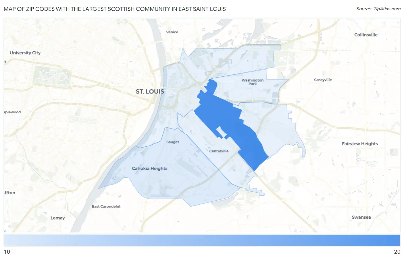 Zip Codes with the Largest Scottish Community in East Saint Louis Map