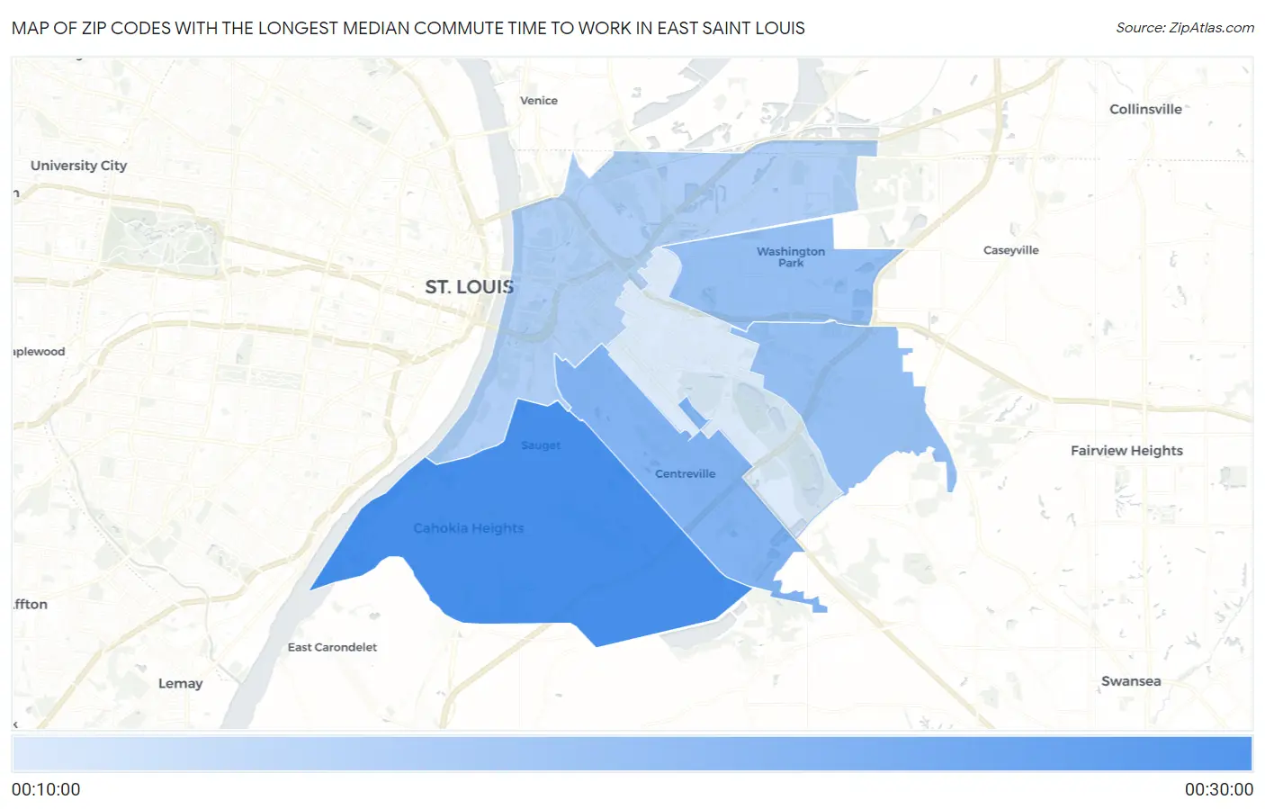 Zip Codes with the Longest Median Commute Time to Work in East Saint Louis Map