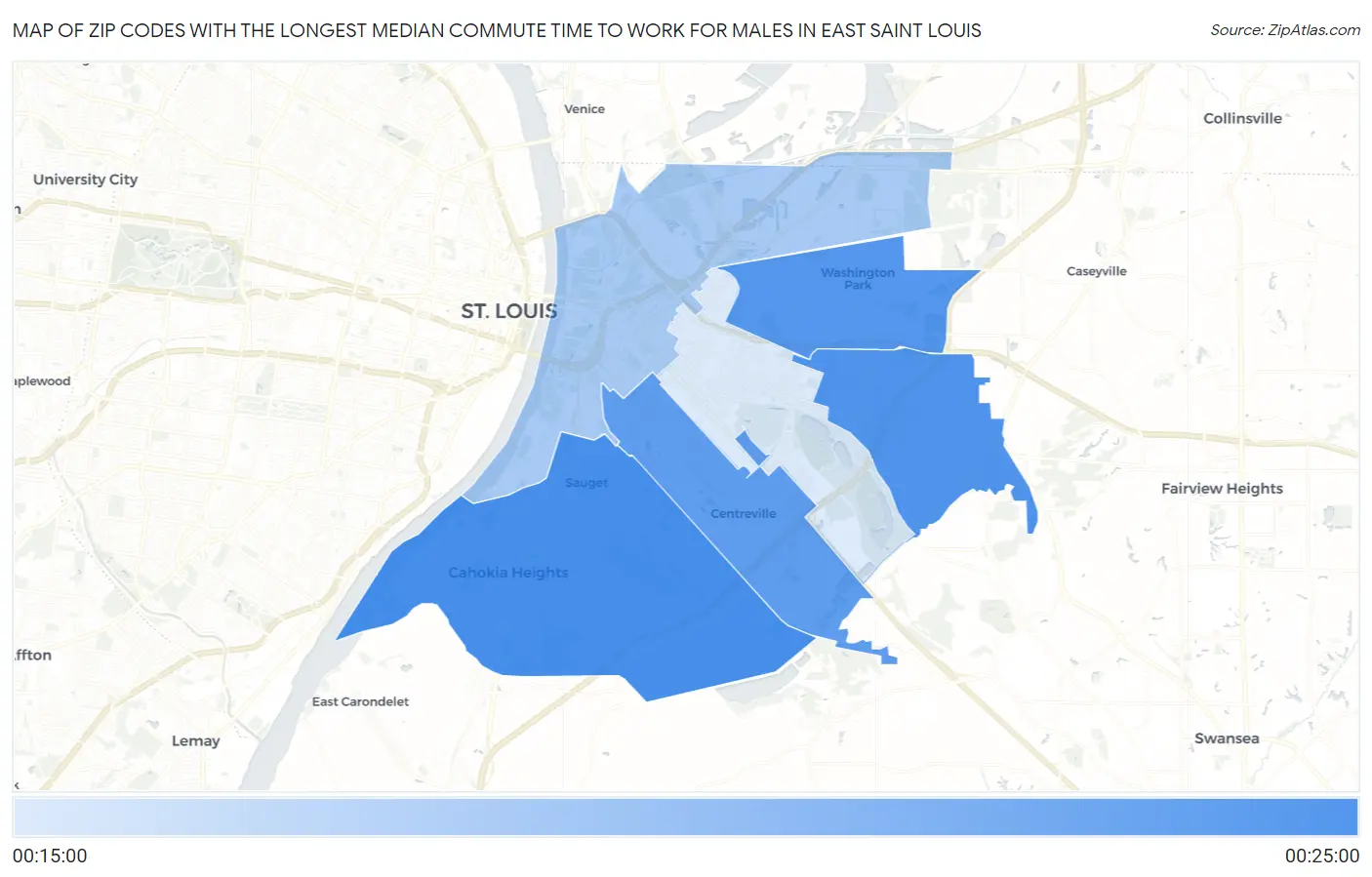 Zip Codes with the Longest Median Commute Time to Work for Males in East Saint Louis Map