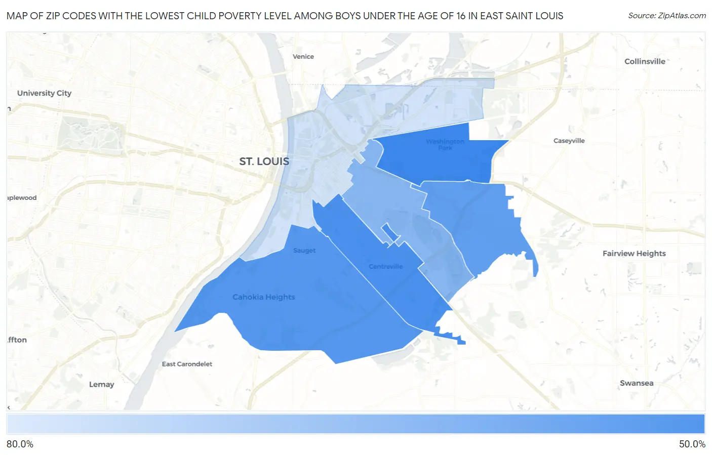 Zip Codes with the Lowest Child Poverty Level Among Boys Under the Age of 16 in East Saint Louis Map