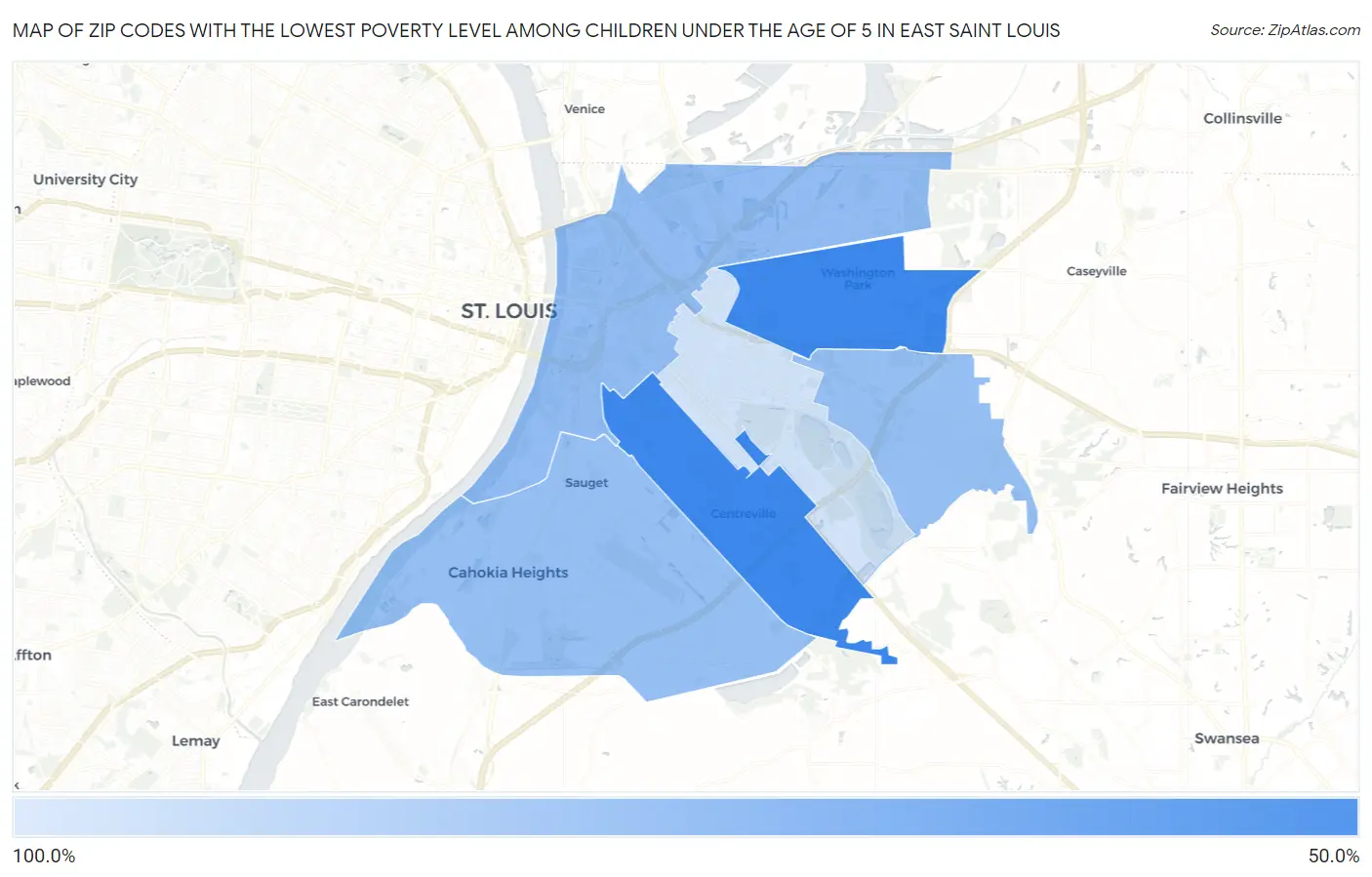 Zip Codes with the Lowest Poverty Level Among Children Under the Age of 5 in East Saint Louis Map