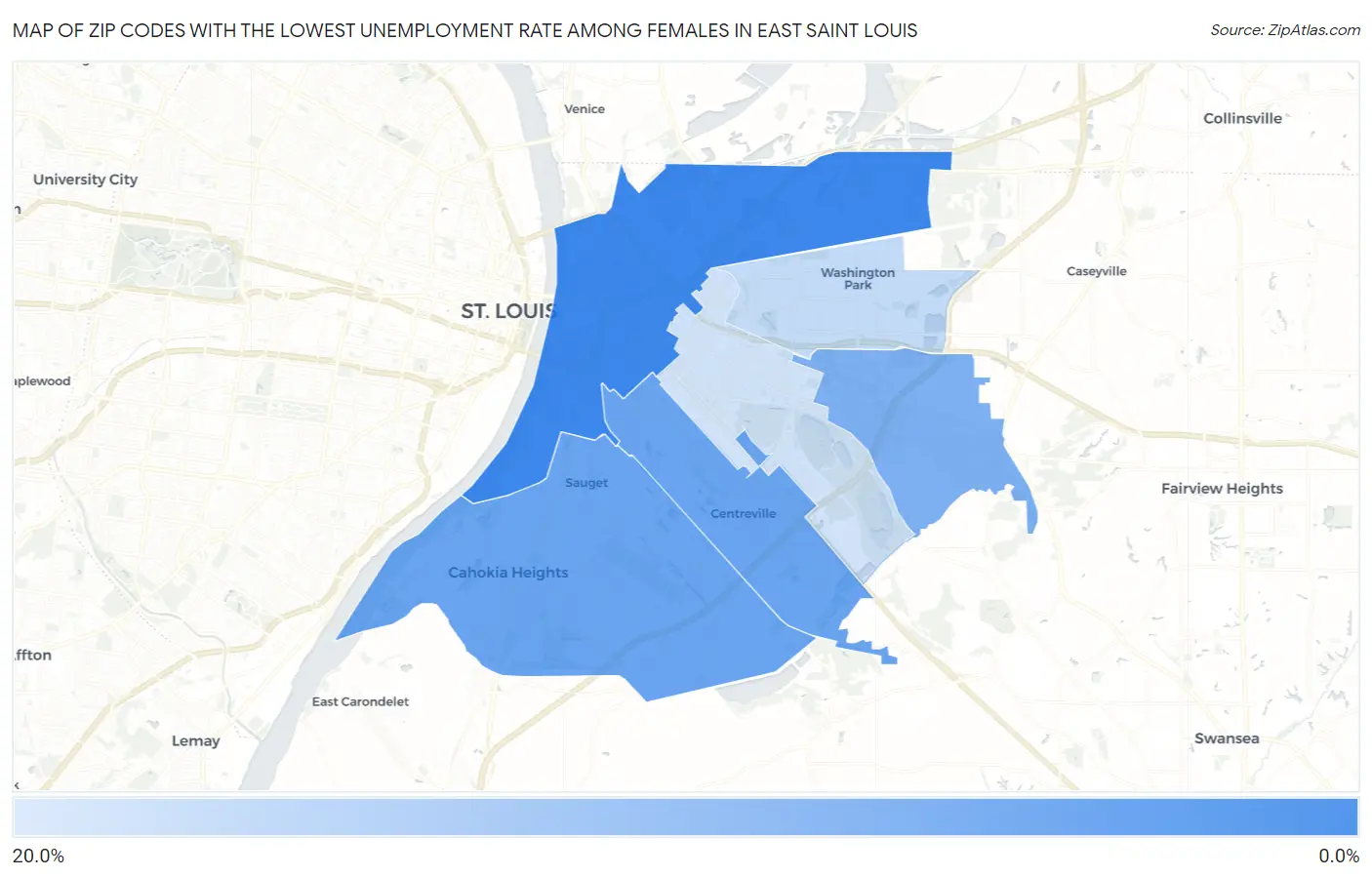 Zip Codes with the Lowest Unemployment Rate Among Females in East Saint Louis Map
