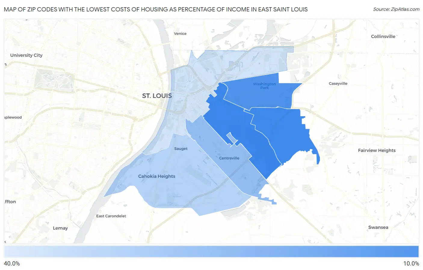 Zip Codes with the Lowest Costs of Housing as Percentage of Income in East Saint Louis Map
