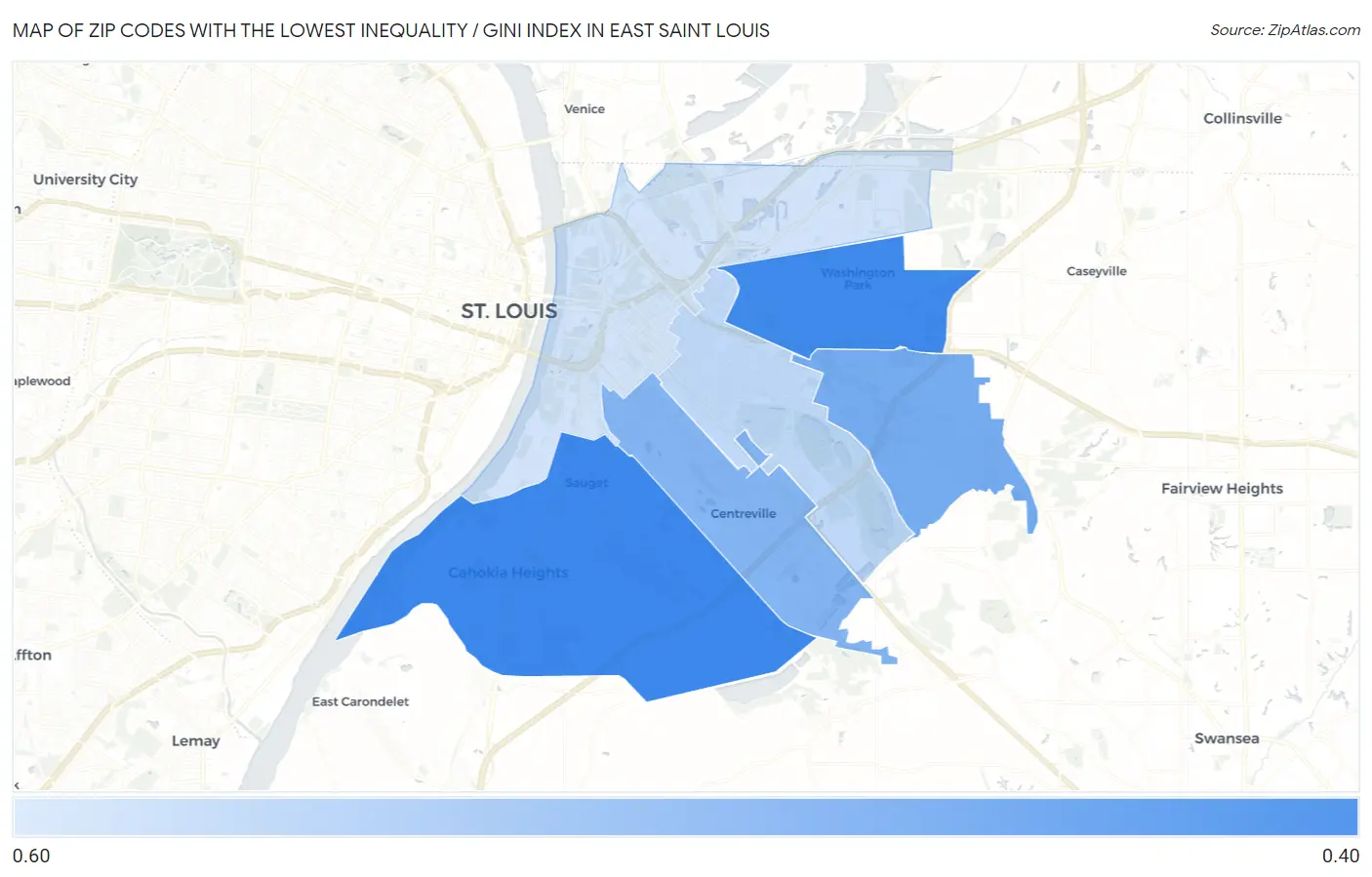 Zip Codes with the Lowest Inequality / Gini Index in East Saint Louis Map
