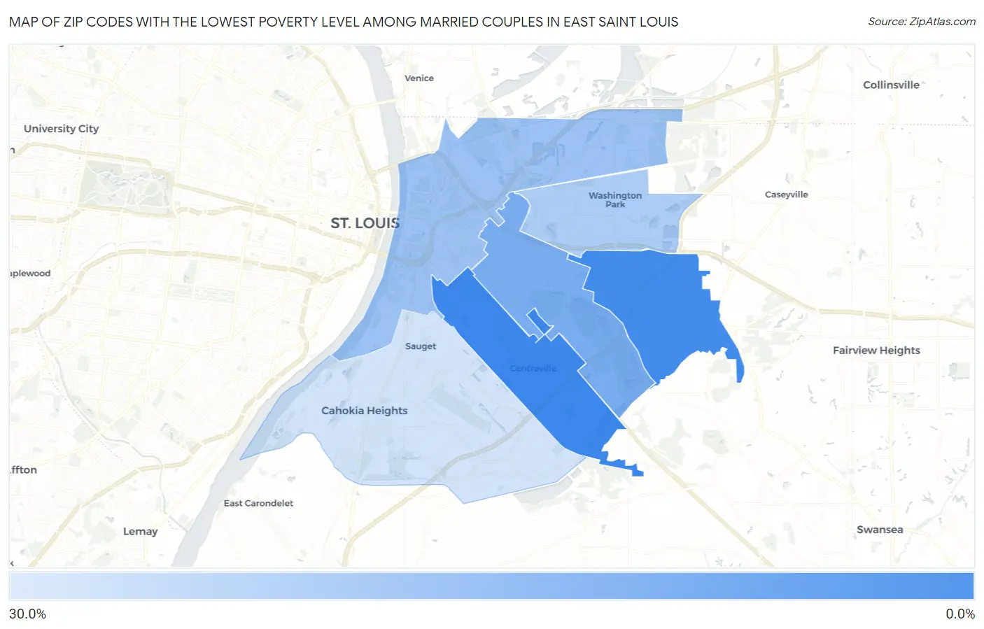 Zip Codes with the Lowest Poverty Level Among Married Couples in East Saint Louis Map