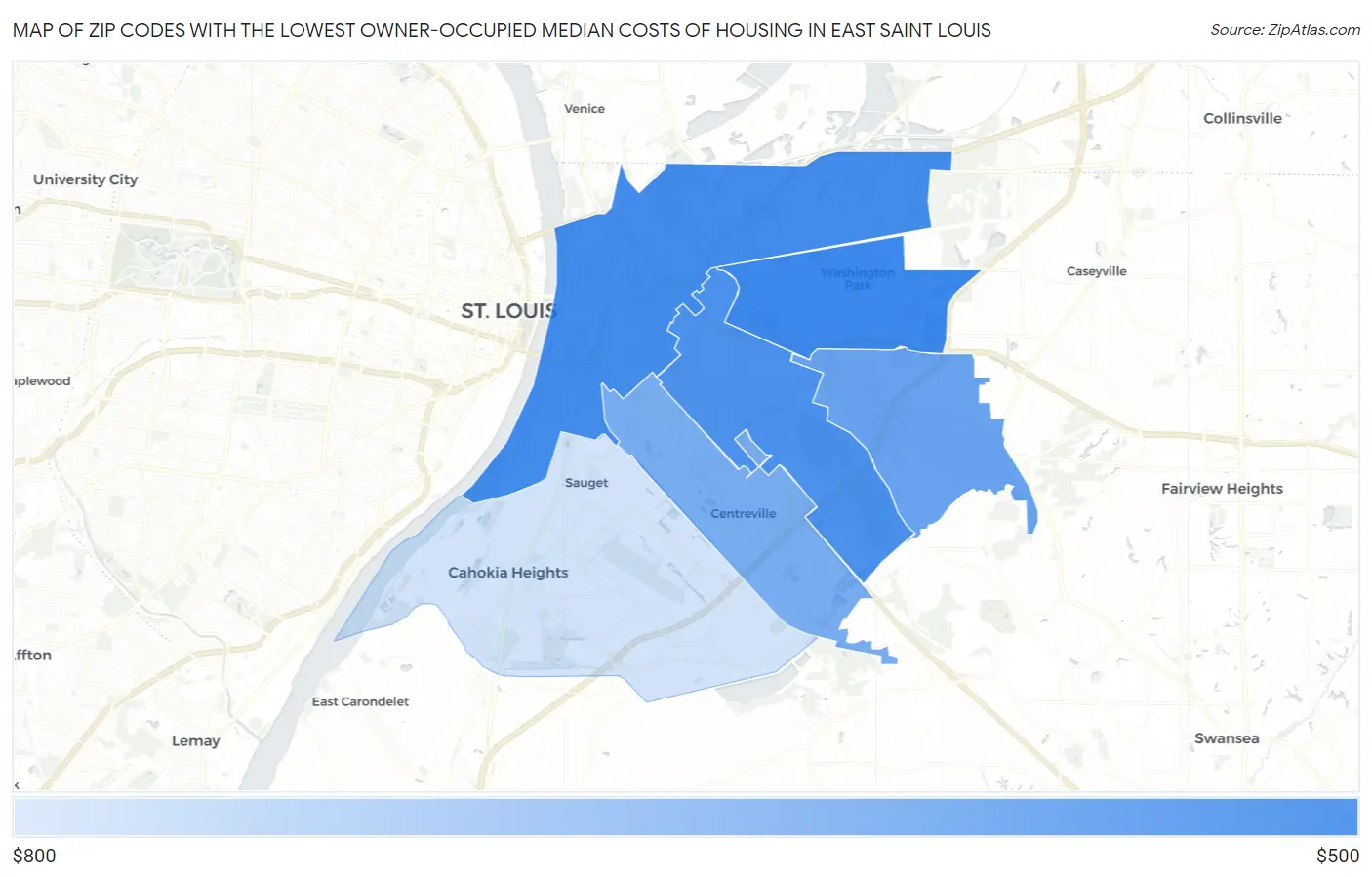 Zip Codes with the Lowest Owner-Occupied Median Costs of Housing in East Saint Louis Map