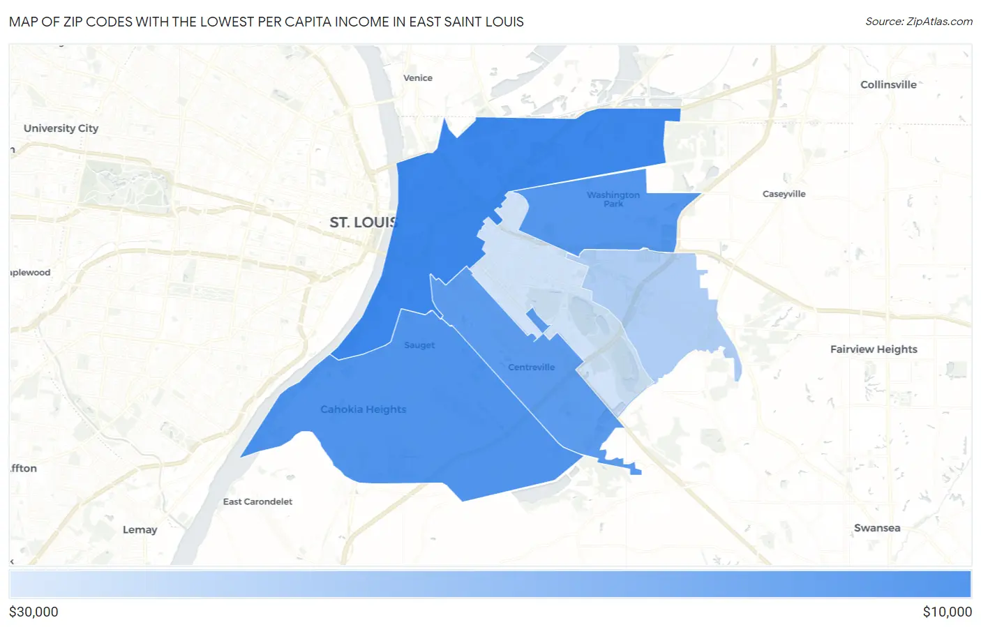 Zip Codes with the Lowest Per Capita Income in East Saint Louis Map