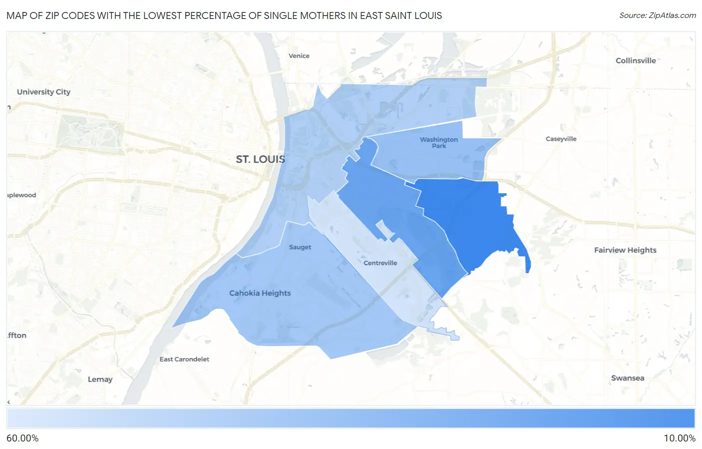 Zip Codes with the Lowest Percentage of Single Mothers in East Saint Louis Map
