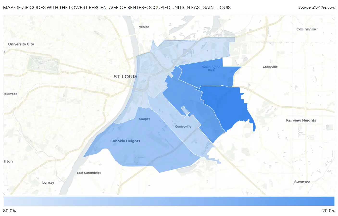 Zip Codes with the Lowest Percentage of Renter-Occupied Units in East Saint Louis Map