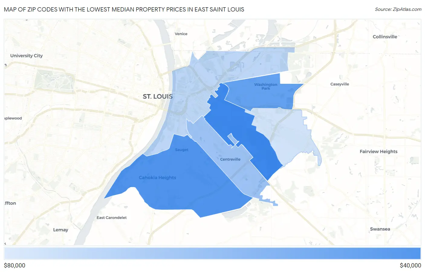 Zip Codes with the Lowest Median Property Prices in East Saint Louis Map