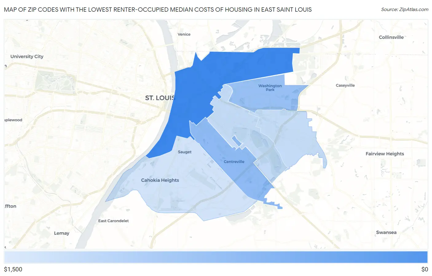 Zip Codes with the Lowest Renter-Occupied Median Costs of Housing in East Saint Louis Map