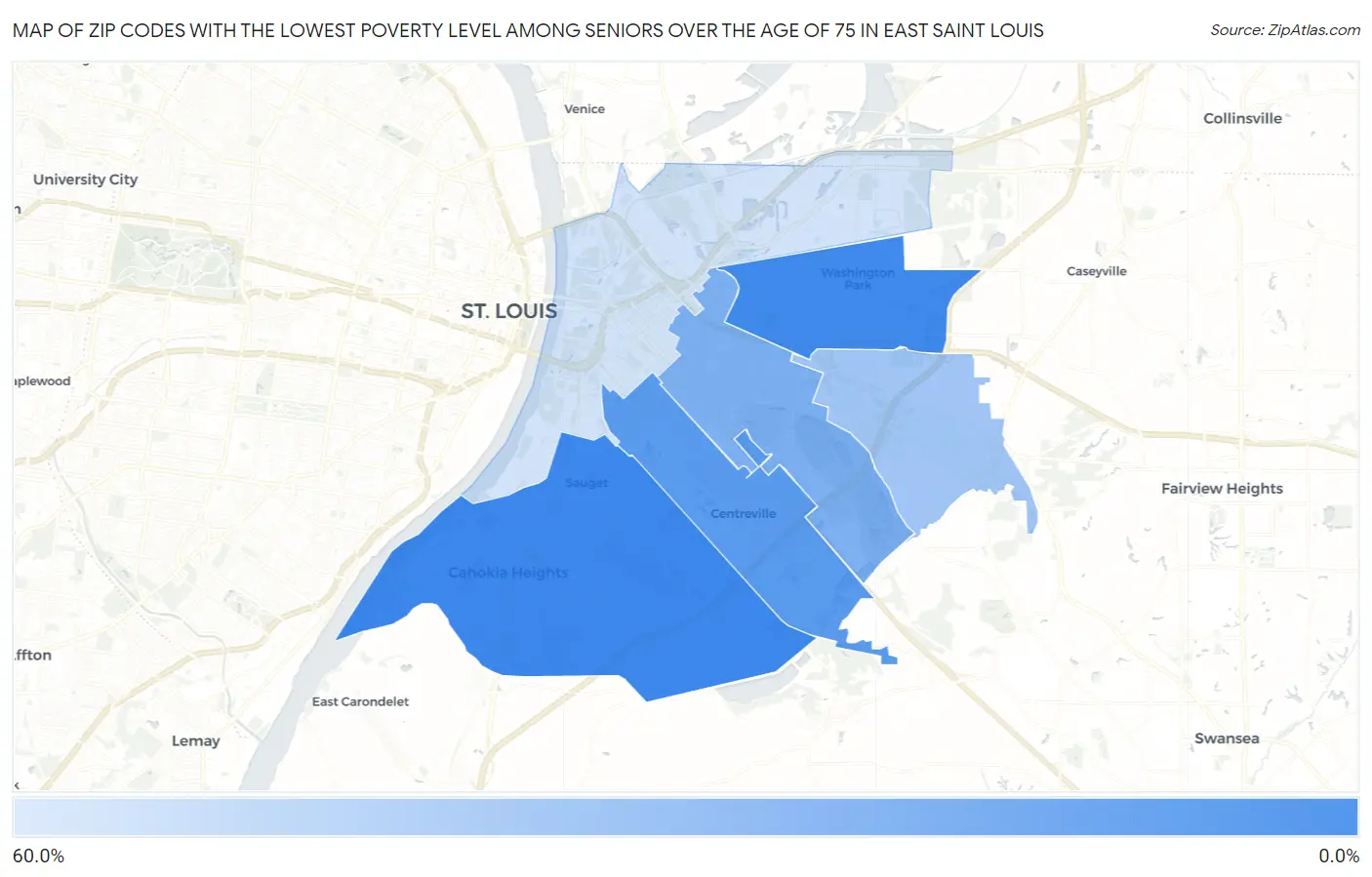 Zip Codes with the Lowest Poverty Level Among Seniors Over the Age of 75 in East Saint Louis Map