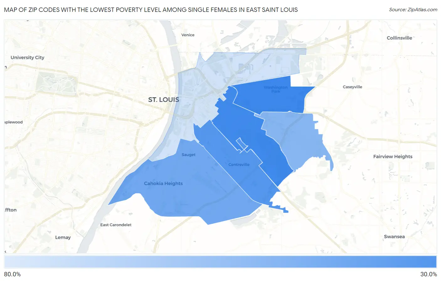 Zip Codes with the Lowest Poverty Level Among Single Females in East Saint Louis Map