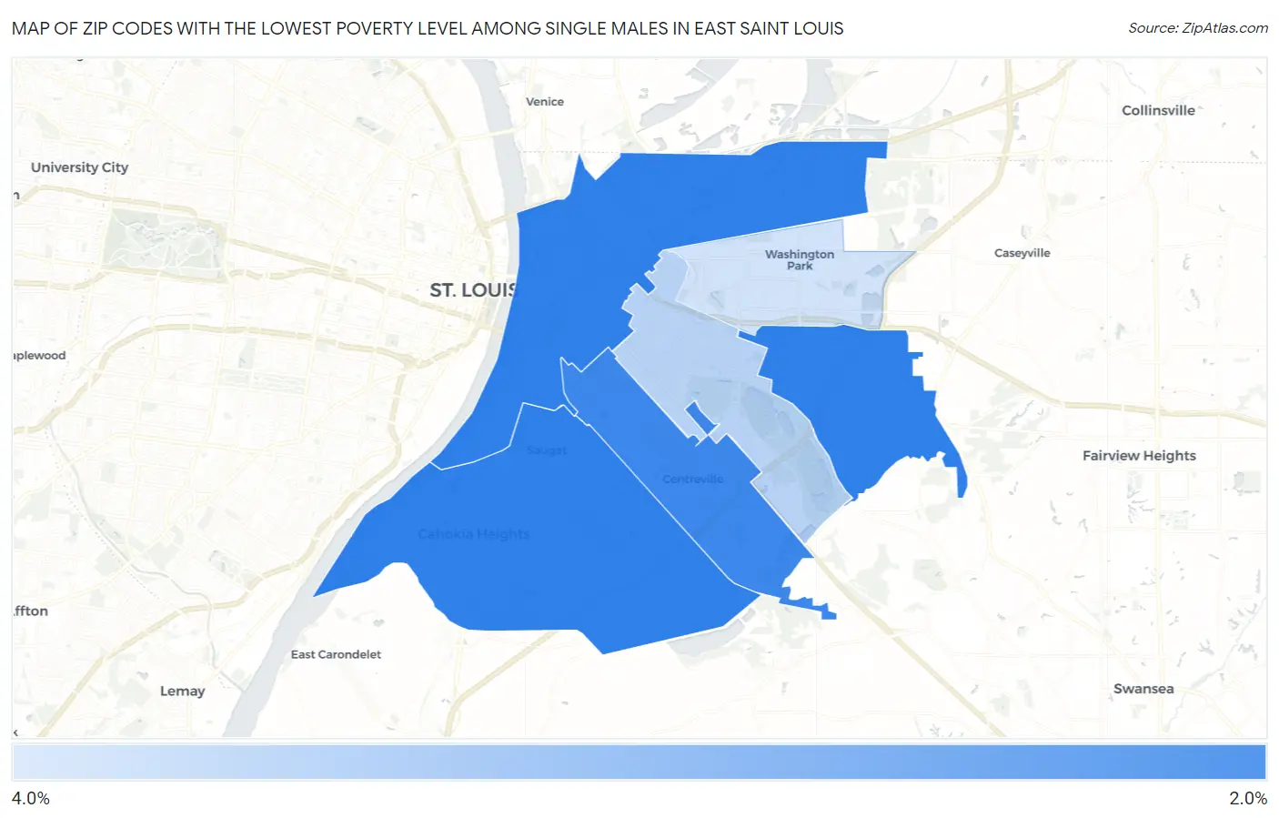 Zip Codes with the Lowest Poverty Level Among Single Males in East Saint Louis Map