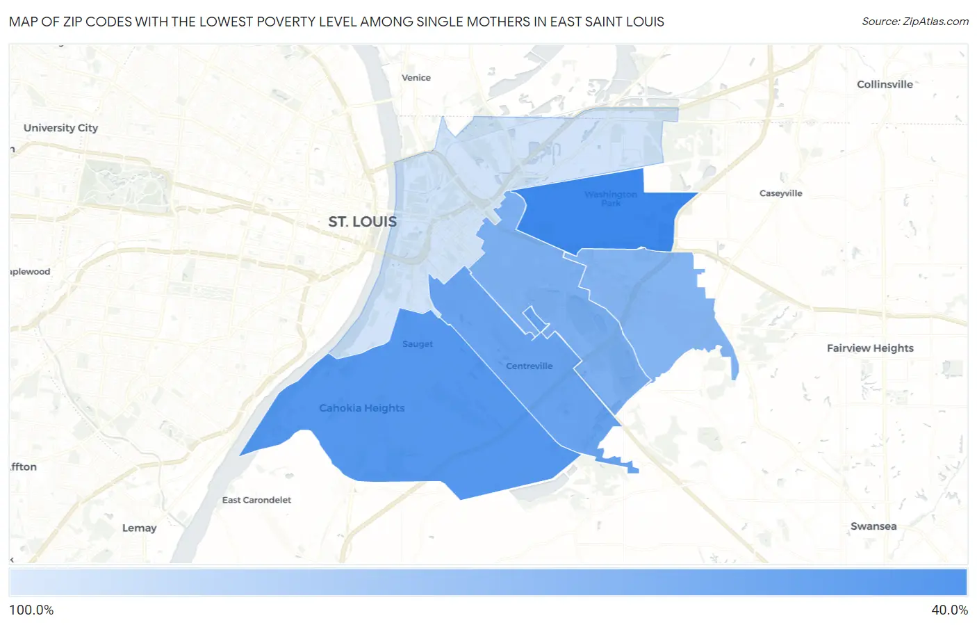 Zip Codes with the Lowest Poverty Level Among Single Mothers in East Saint Louis Map