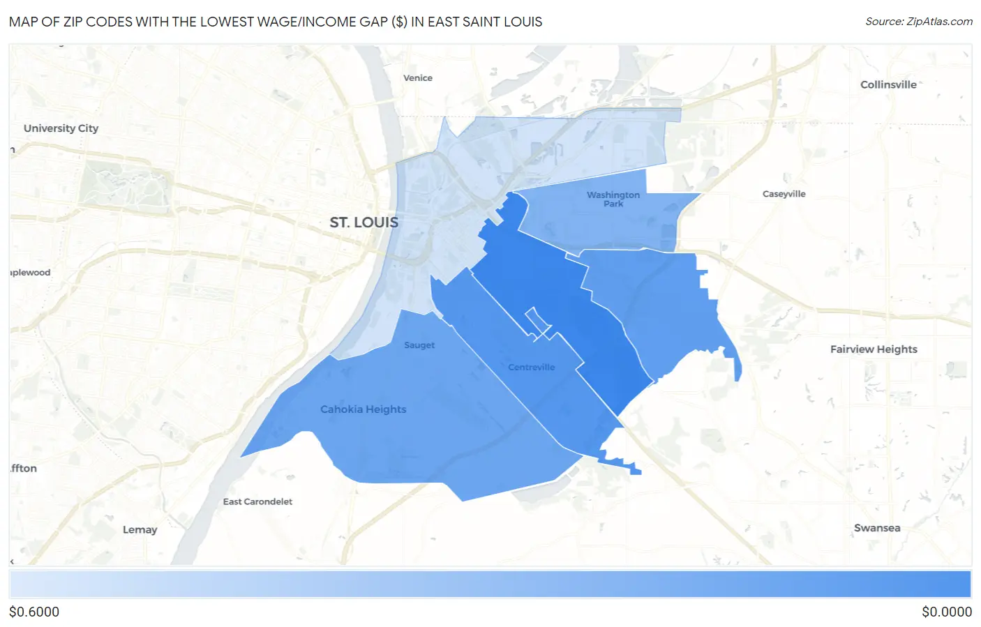 Zip Codes with the Lowest Wage/Income Gap ($) in East Saint Louis Map