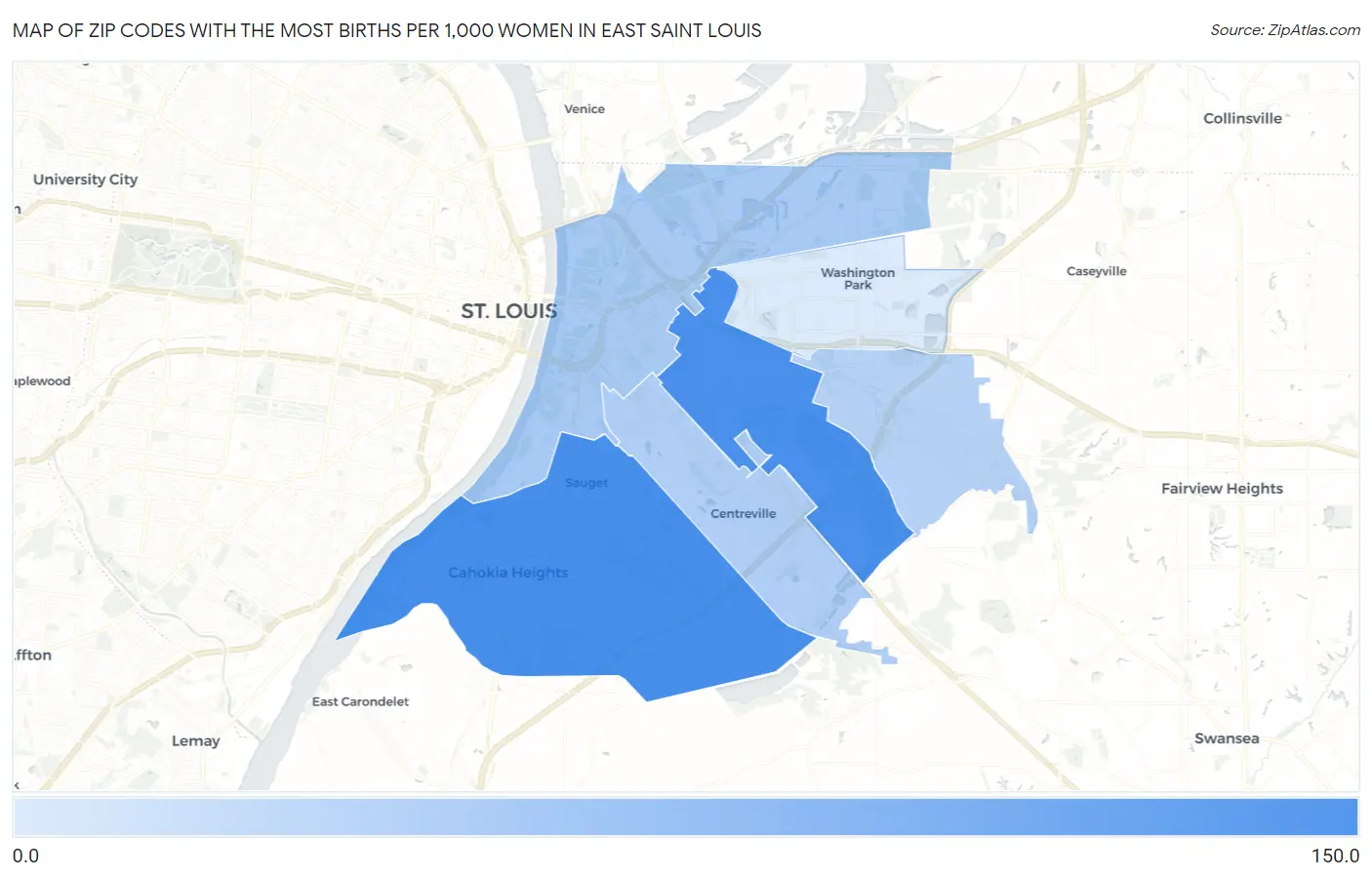 Zip Codes with the Most Births per 1,000 Women in East Saint Louis Map