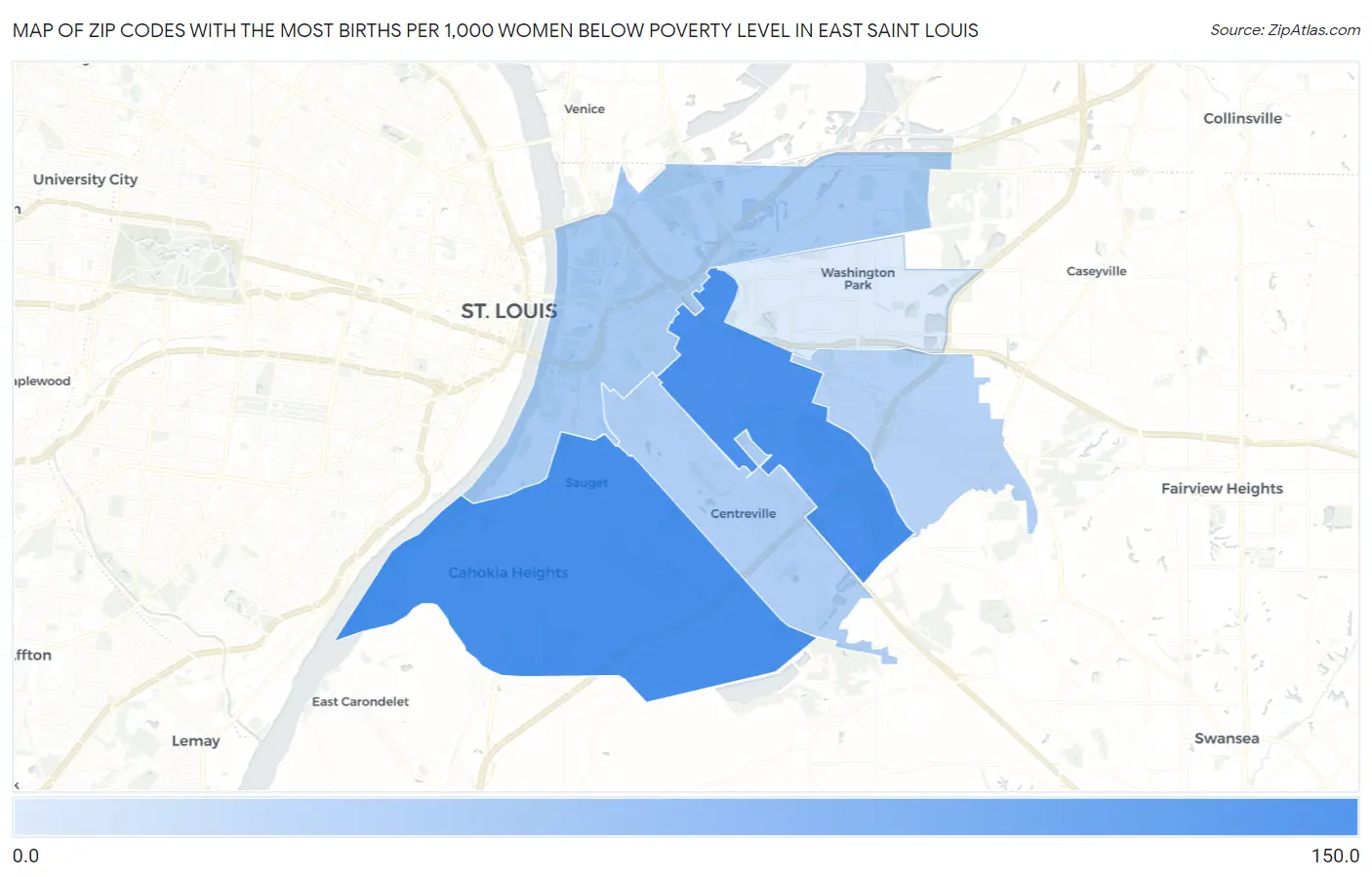 Zip Codes with the Most Births per 1,000 Women Below Poverty Level in East Saint Louis Map